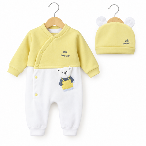 Baby Romper With Cap - Bear - Yellow