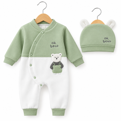 Baby Romper With Cap - Bear - Green