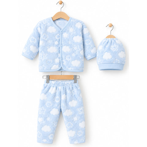 Winter Night Suit With Cap - Hearts Blue
