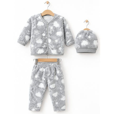 Winter Night Suit With Cap - Hearts Gray