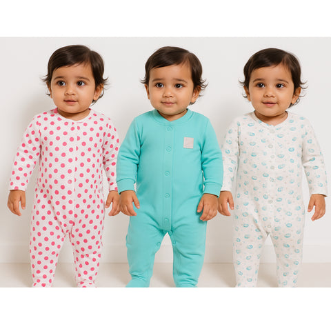 SB - Pack of 3 Sleep Suits - Pink & Green Clouds