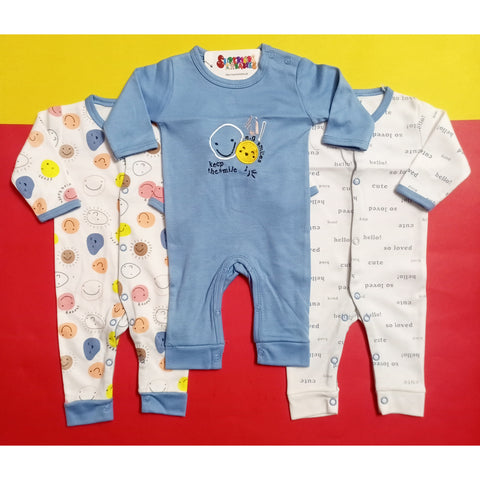 Pack of 3 Sleep Suits - Blue Smiley