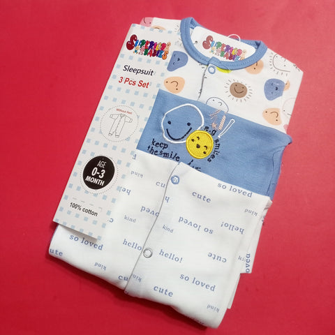 Pack of 3 Sleep Suits - Blue Smiley