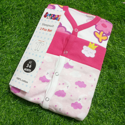 Pack of 3 Baby Rompers - 25 - Pink Flowers & Clouds