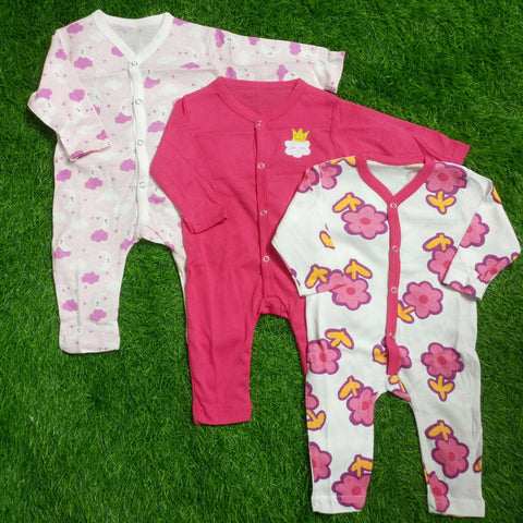 Pack of 3 Baby Rompers - 25 - Pink Flowers & Clouds