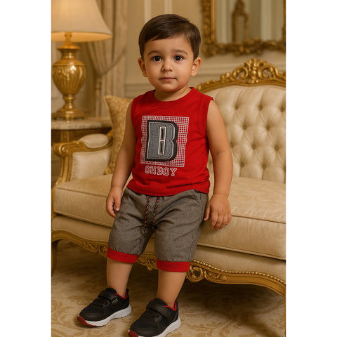 Sleeveless Shirt & Short - Oh Boy - Red
