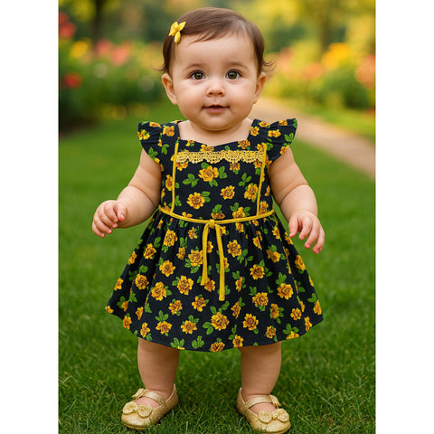 Girls Frock - Blue - Flowers
