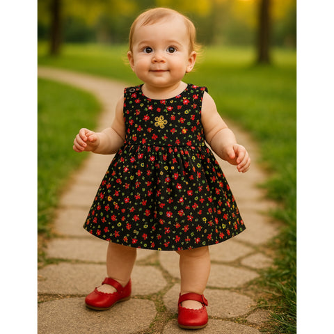 Girls Frock - Black - Mini Flowers