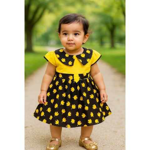 Girls Frock - Black & Yellow - Leaves