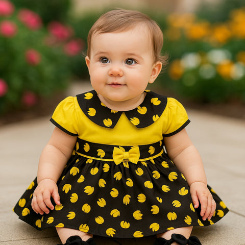 Girls Frock - Black & Yellow - Leaves
