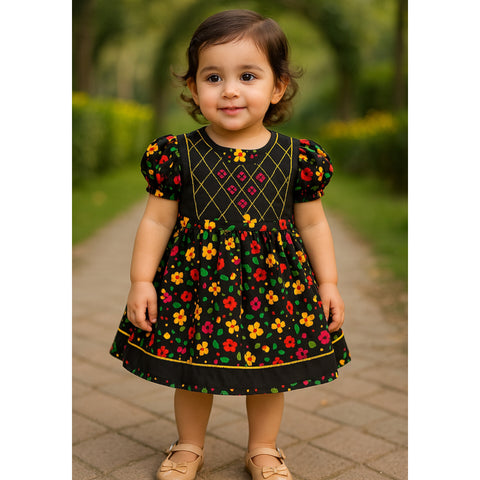 Girls Frock - Black - Beautiful Flowers