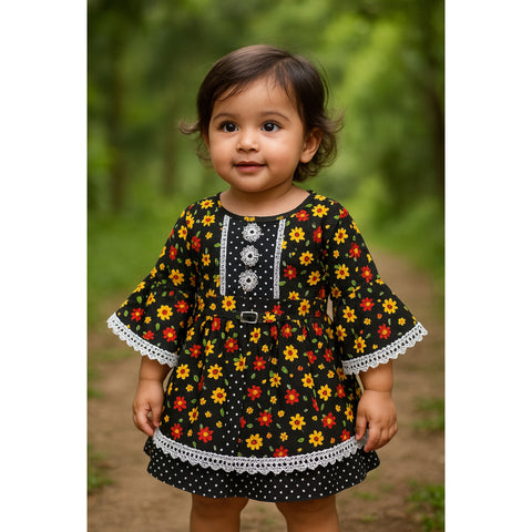 Girls Frock - Black - Yellow Flowers