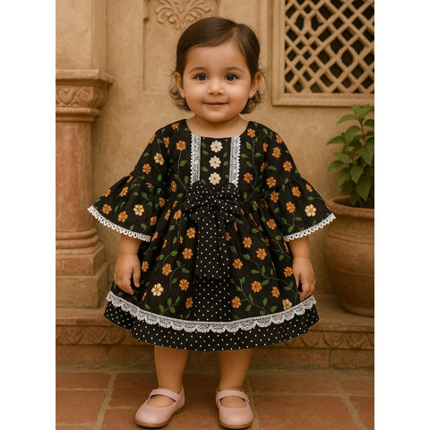 Girls Frock - Black - Flowers