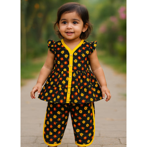 Girls Frock & Trouser - Black - Flowers