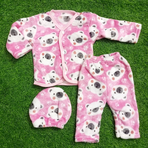 Winter Night Suit With Cap - Bear Pink