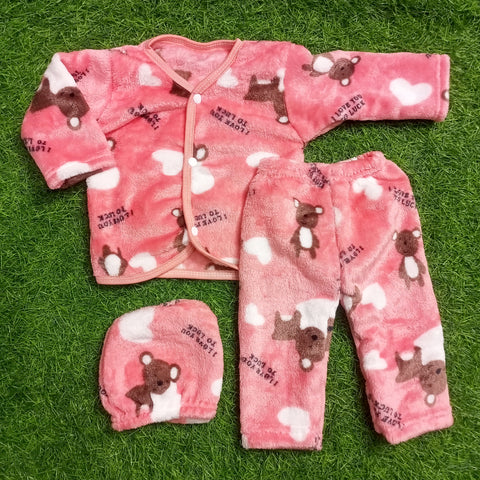Winter Night Suit With Cap - Hearts Pink