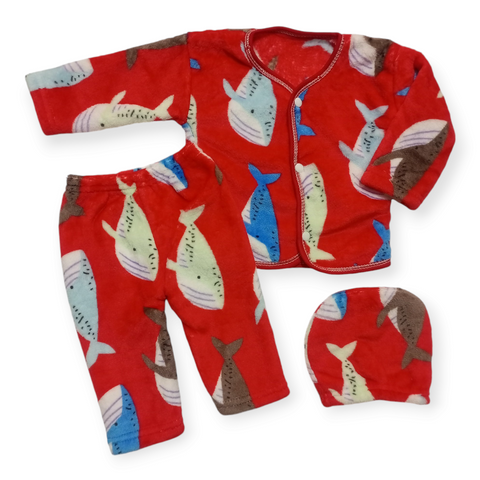 Winter Night Suit With Cap - Red Fish