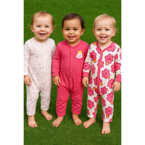 Pack of 3 Baby Rompers - 25 - Pink Flowers & Clouds