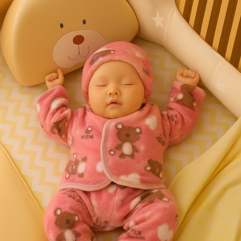 Winter Night Suit With Cap - Hearts Pink