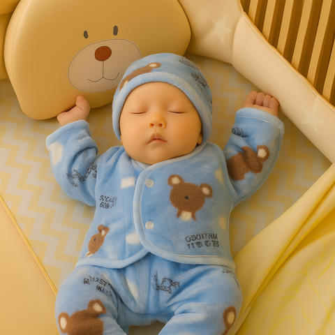 Winter Night Suit With Cap - Hearts Blue