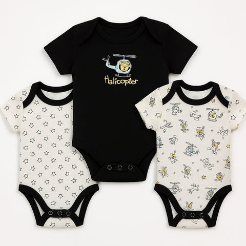 Pack of 3 Half Sleeve Bodysuits - Black Helicopter