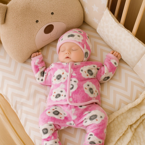 Winter Night Suit With Cap - Bear Pink