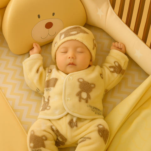 Winter Night Suit With Cap - Hearts Yellow