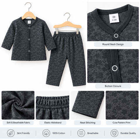 Winter - Fleece Night Suit - Design 26 - Black