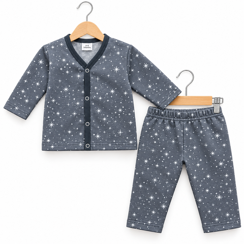 Winter - Fleece Night Suit - Design 26 - Gray Stars