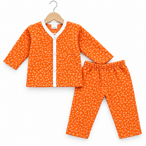 Winter - Fleece Night Suit - Design 26 - Orange Polka