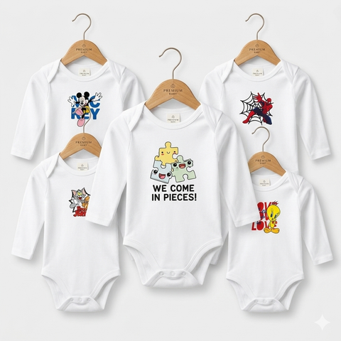 Pack of 5 Body Suits - White Cartoon