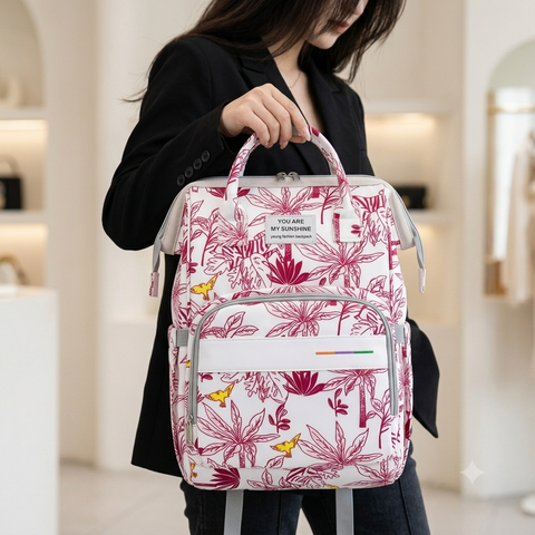 Waterproof Diaper Backpack - Maroon Flowers