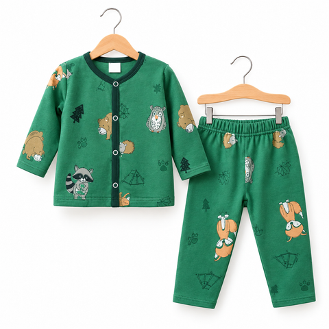 Winter - Fleece Night Suit - Design 26 - Green Cartoon