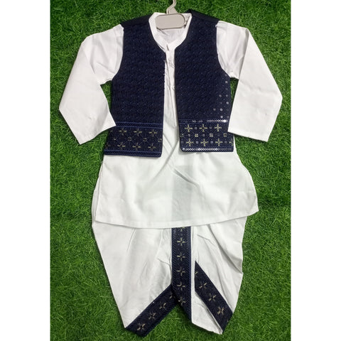 3-Piece Set - Dhoti, Kurta & Waistcoat - Navy Blue