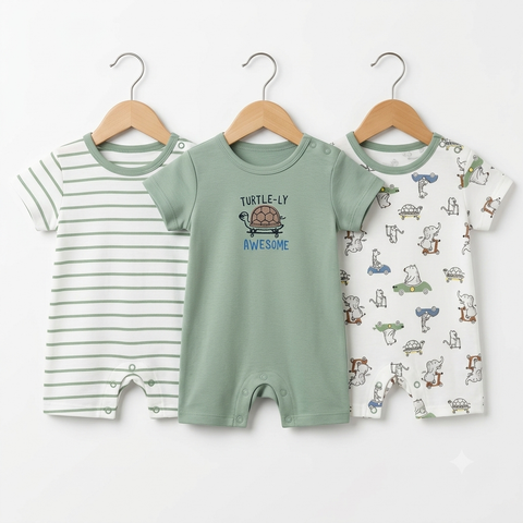 Short Leg Rompers - Green - Cartoon