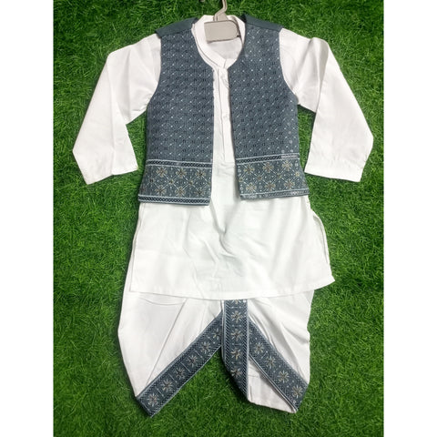 3-Piece Set - Dhoti, Kurta & Waistcoat - Gray