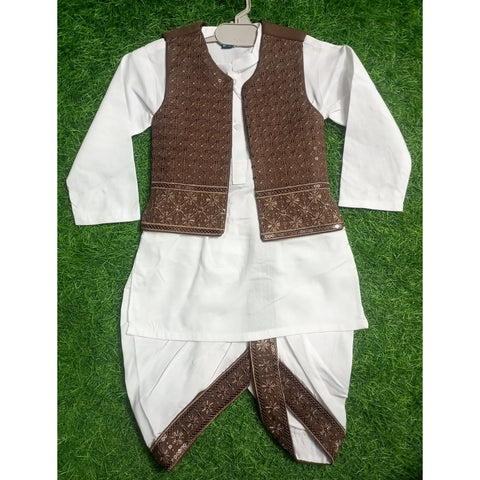 3-Piece Set - Dhoti, Kurta & Waistcoat - Brown