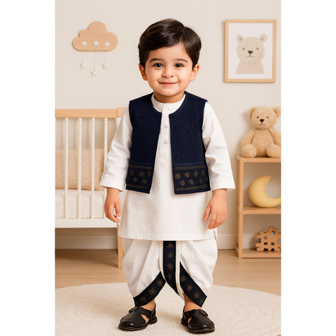 3-Piece Set - Dhoti, Kurta & Waistcoat - Navy Blue