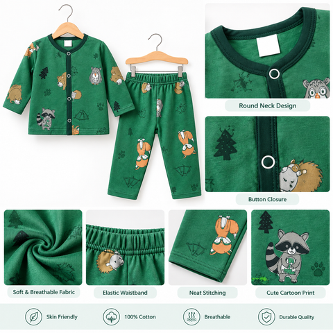 Winter - Fleece Night Suit - Design 26 - Green Cartoon